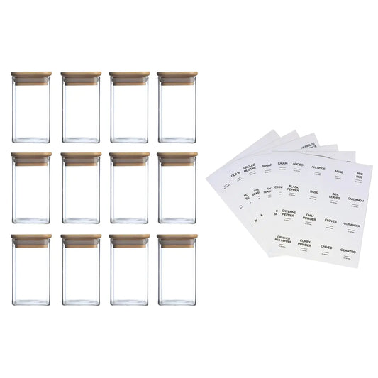 12 Pcs Square Spice Jars with Stickers