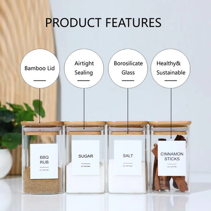12 Pcs Square Spice Jars with Stickers