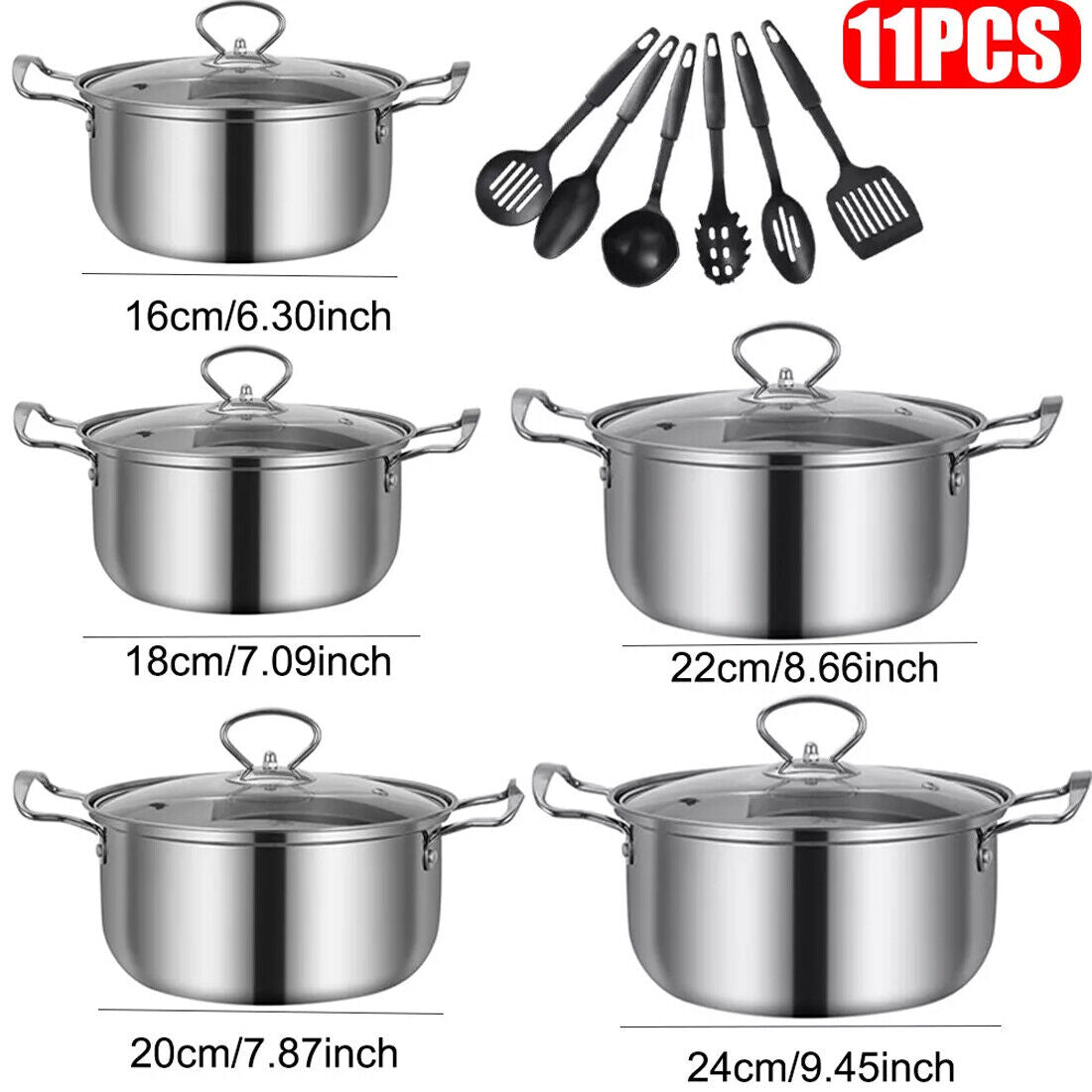 11-Piece Stainless Steel Nonstick Cookware Set – Induction & Gas Compatible with Glass Lids