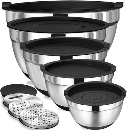 Stainless Steel Mixing Bowl Set ? Non-Slip Silicone Base with Lids & Graters