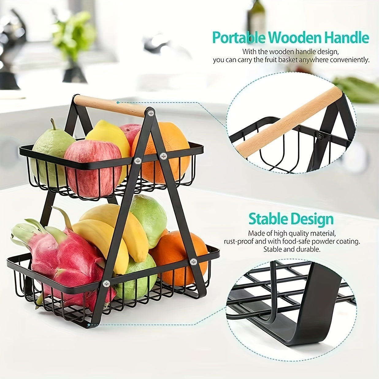 [2/3 Tier Metal Basket] 2/3 Tier High-Capacity Metal Fruit Basket | Portable Countertop Organizer for Fruits, Vegetables, Bread & Snacks | Detachable Rectangle Design for Kitchen Storage