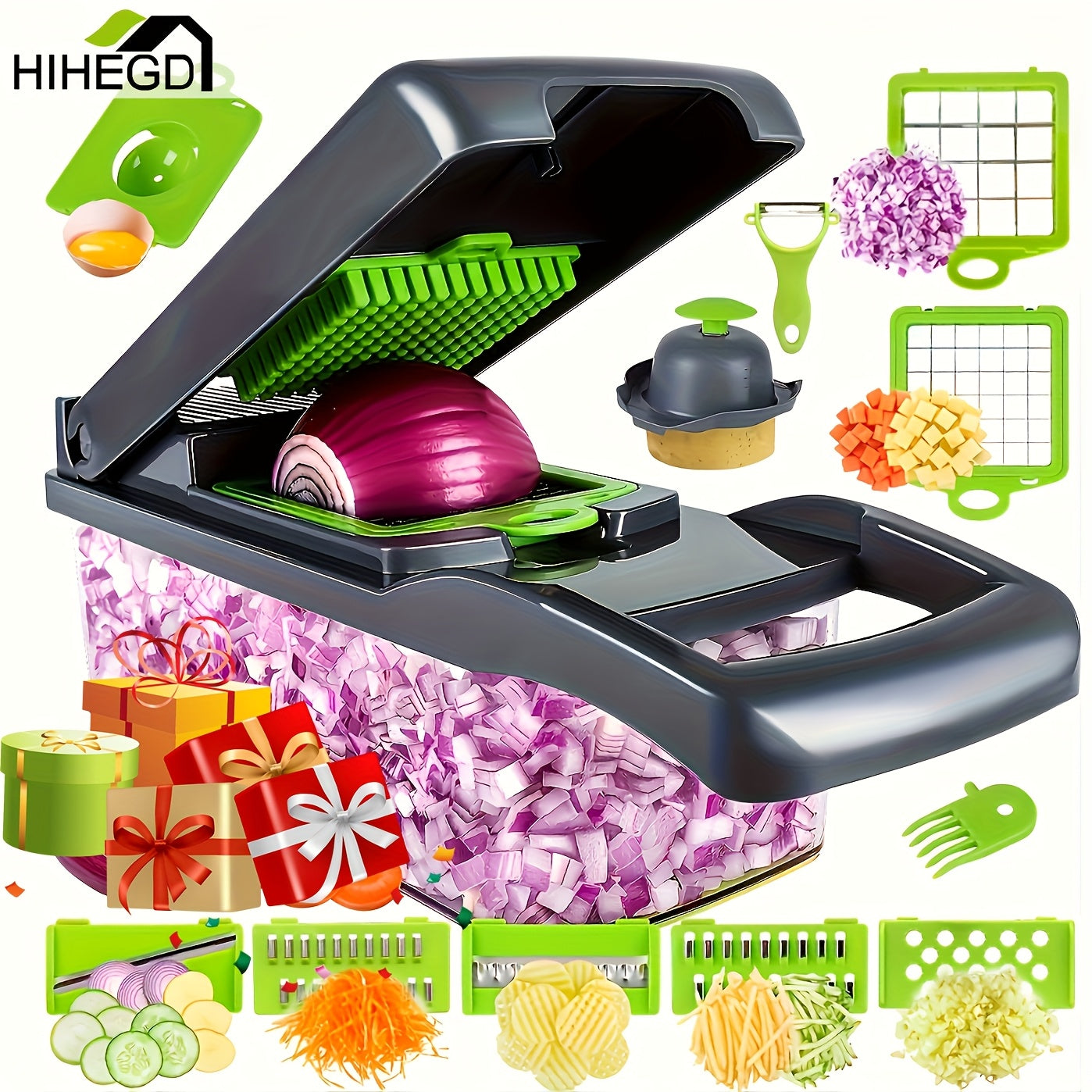 Vegetable Onion Chopper, Kitchen 16 In 1 Food Chopper 8 Blades Cutter With Container - Stainless Steel Blades - Efficiently Chops Vegetables, Onions, Herbs - Suitable for Home Cooks & Chefs - Great Gift for Kitchen Enthusiast