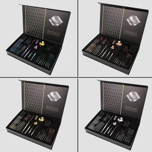 24-Piece Nordic Stainless Steel Cutlery Set ? Knives, Forks, Spoons & Tea Spoons with Gift Packaging