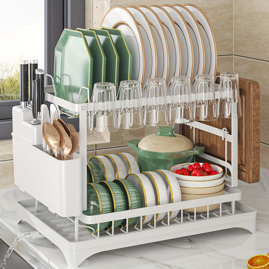 1pc Dish Rack, Double Layers Space-saving Dish Drying Rack With Drainboard And Utensil Holders, Multifunctional Large Capacity Dish Storage Organizer, For Kitchen Counter, Kitchen Organizers And Storage, Kitchen Accessories