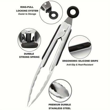 [Stainless Steel Locking Tongs] 3pcs Heavy Duty Stainless Steel Locking Tong Set with Long Handle & Non-Slip Silicone Grip - Heat-Resistant up to 480°F, Ergonomic Design for Cooking, Baking, Grilling - Durable Kitchen Utensi