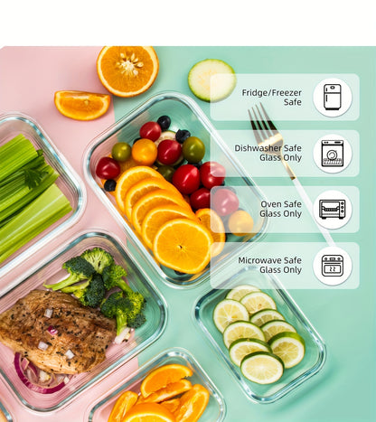 10pcs Leak-Proof Glass Meal Prep Containers - Durable, Reusable Kitchen Organizers - Airtight for Freshness - Ideal for Camping, Picnics, School, Office & Home