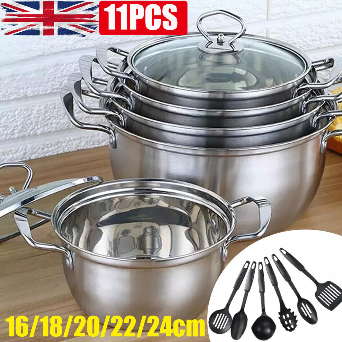 11-Piece Stainless Steel Nonstick Cookware Set – Induction & Gas Compatible with Glass Lids