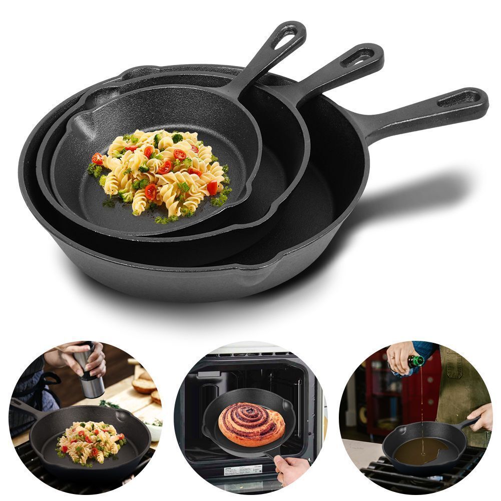 Set of 3 Cast Iron Nonstick Skillet & Griddle Cooking Pans (Pre-Seasoned)