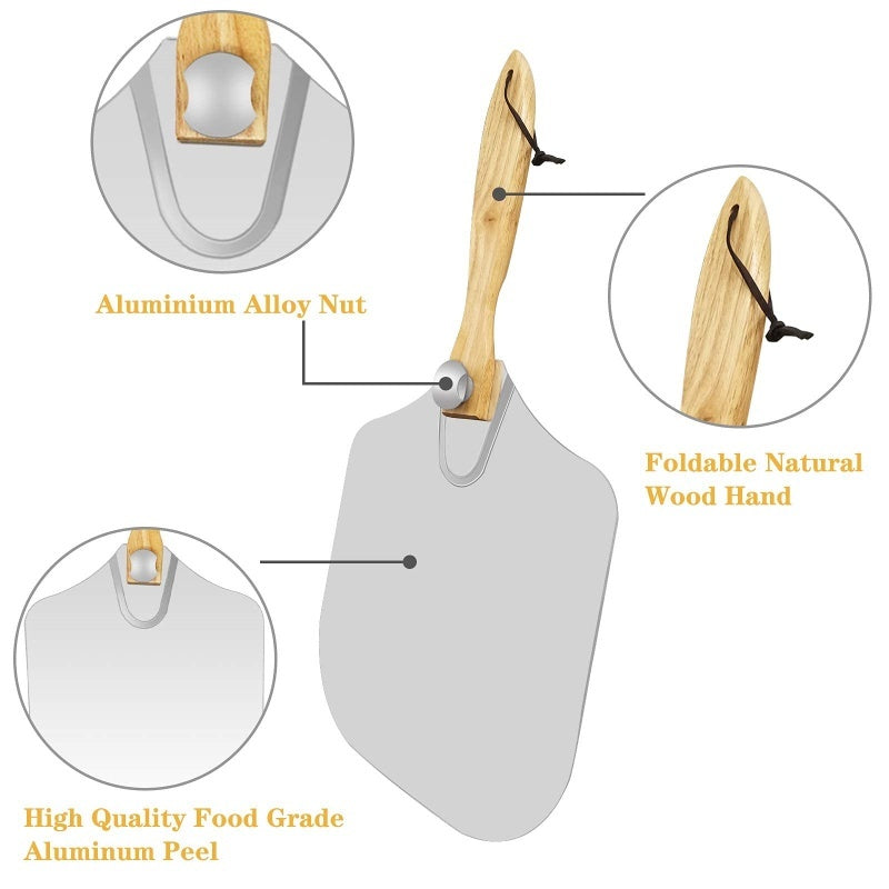 12" Aluminum Pizza Peel – Foldable Wooden Handle Pizza Paddle for Oven & Grill