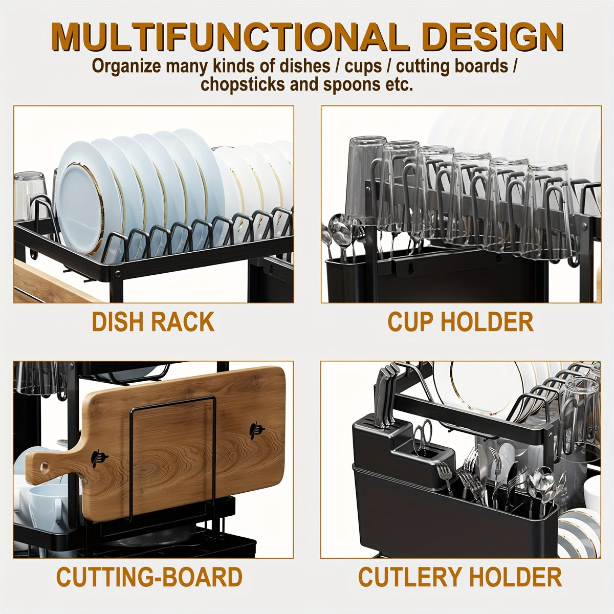 1pc Large Capacity 2-Tier Dish Drying Rack with Drainboard, Double-Layer Bowl & Cup Rack, Detachable Over The Sink Organizer for Kitchen Counter, Black & White - Ideal for Plates, Bowls, Cups & Cutlery Storage, Dish Drying Ra