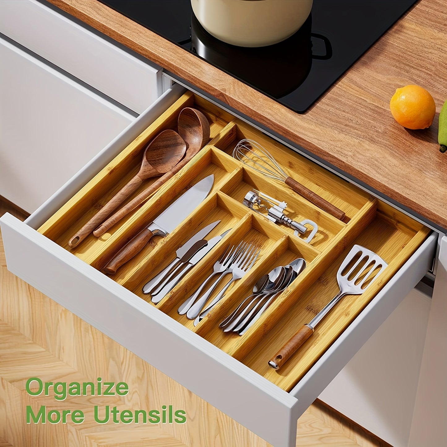 1pc Adjustable Bamboo Drawer Organizer For Utensils And Silverware - Expandable Cutlery Tray For Kitchen, Bedroom, And Living Room - Easy To Clean And Stylish Storage Solution