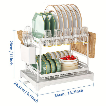 1pc Dish Rack, Double Layers Space-saving Dish Drying Rack With Drainboard And Utensil Holders, Multifunctional Large Capacity Dish Storage Organizer, For Kitchen Counter, Kitchen Organizers And Storage, Kitchen Accessories