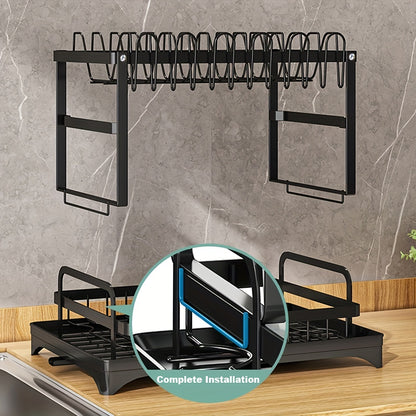1pc Large Capacity 2-Tier Dish Drying Rack with Drainboard, Double-Layer Bowl & Cup Rack, Detachable Over The Sink Organizer for Kitchen Counter, Black & White - Ideal for Plates, Bowls, Cups & Cutlery Storage, Dish Drying Ra