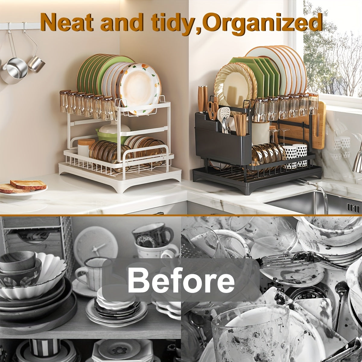 1pc Large Capacity 2-Tier Dish Drying Rack with Drainboard, Double-Layer Bowl & Cup Rack, Detachable Over The Sink Organizer for Kitchen Counter, Black & White - Ideal for Plates, Bowls, Cups & Cutlery Storage, Dish Drying Ra
