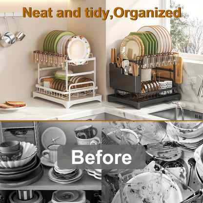 1pc Large Capacity 2-Tier Dish Drying Rack with Drainboard, Double-Layer Bowl & Cup Rack, Detachable Over The Sink Organizer for Kitchen Counter, Black & White - Ideal for Plates, Bowls, Cups & Cutlery Storage, Dish Drying Ra