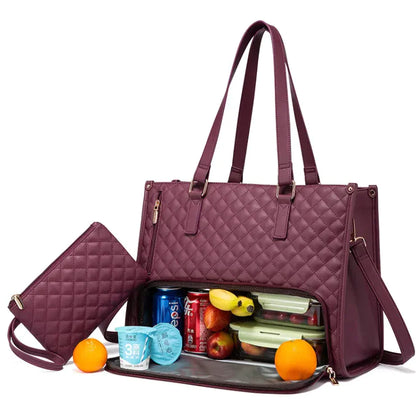 Women's Insulated Lunch Bag – Leak-Proof Large Lunch Box Tote with Diagonal Strap & Computer Storage