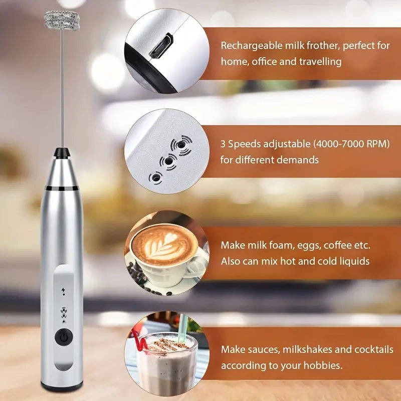 Cordless Milk Frother Set with USB Rechargeable Whisk