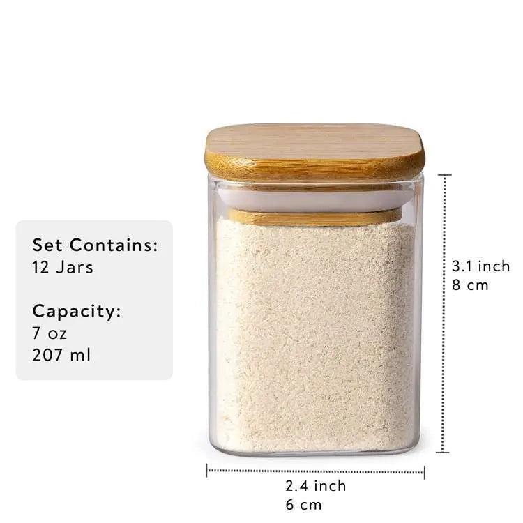 Square Bamboo Lid Glass Spice Jar Set