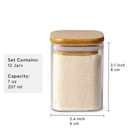 Square Bamboo Lid Glass Spice Jar Set