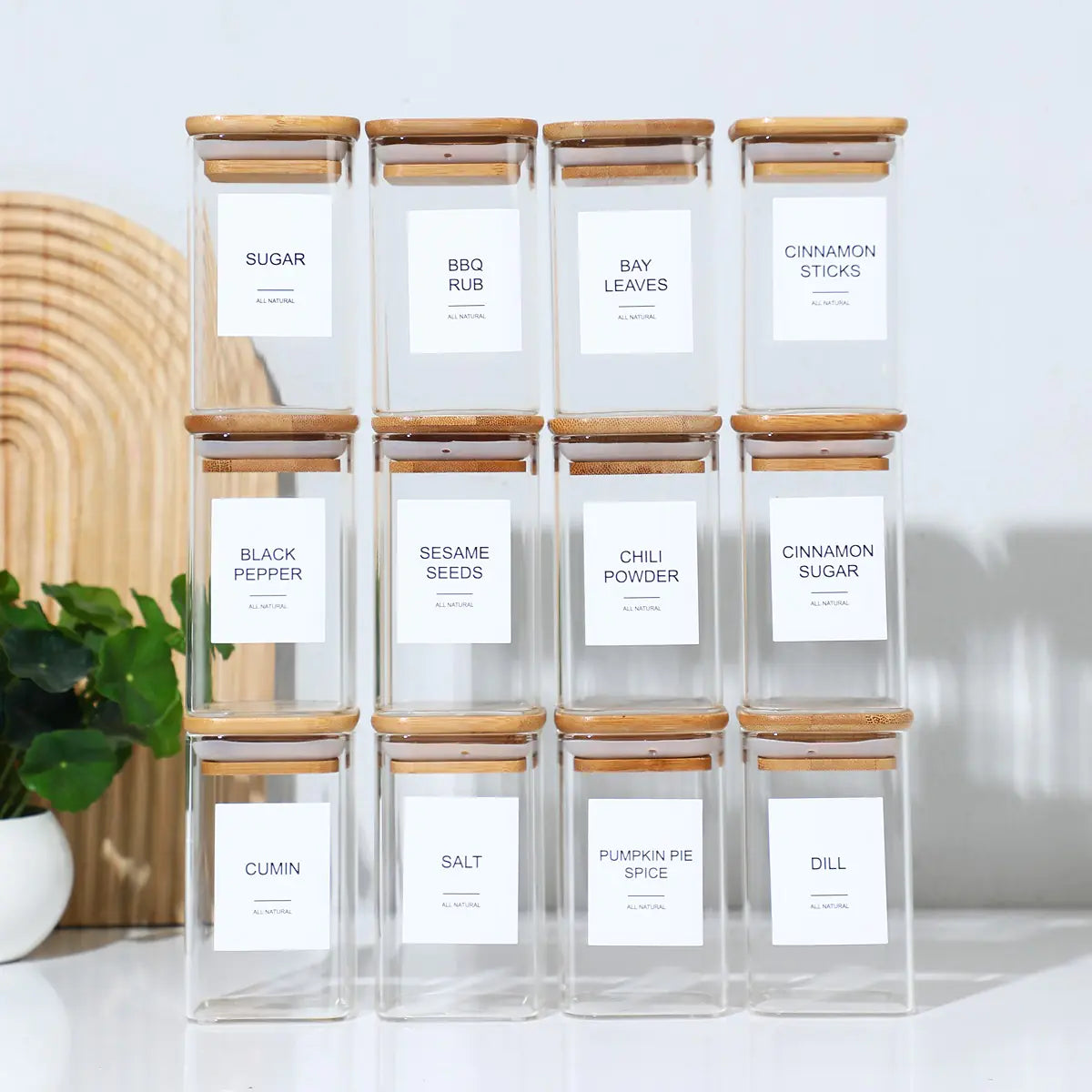 12 Pcs Square Spice Jars with Stickers