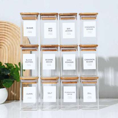 12 Pcs Square Spice Jars with Stickers