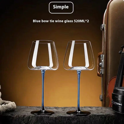 Black and Blue Bow Tie Crystal Red Wine Glass Set