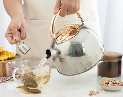 Stainless Steel Whistling Kettle with Golden Handle